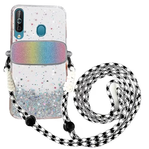 Tivenfezk Nadoli für Samsung Galaxy A40 Glitzer Handykette Hülle,Silikon Bling Durchsichtig Crossbody Tasche zum Umhängen Schutzhülle mit Telefon Clip Halter Band