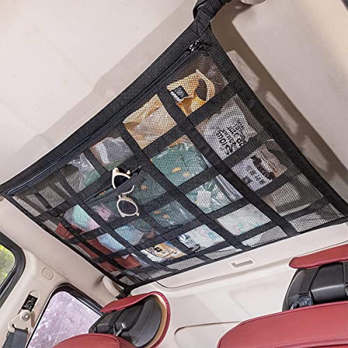 Gepäcknetz Auto für Aufbewahrung, Auto Gepäcknetz, Universal Autodach Gepäcknetz Decke, Netztasche mit Reißverschluss, 90X65CM