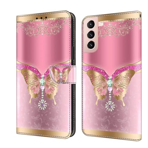 Rnrieyta Miagon Kickstand Flip PU Leder Schutzhülle für Samsung Galaxy S24 Plus,Bunt Muster Hülle Brieftasche Case Cover Ständer mit Kartenfächer,Rosa Schmetterling