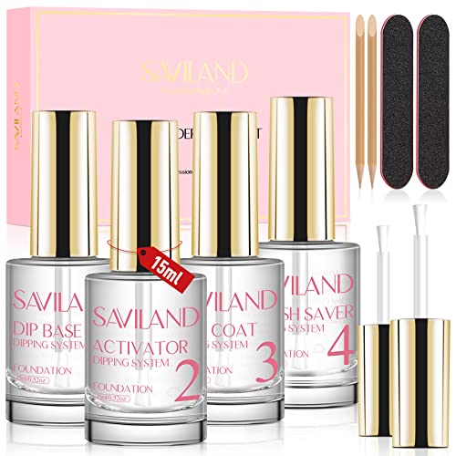 Saviland 15ml/0.52oz Dipping Powder Liquid Set: 10pcs Dip Powder System mit Foundation Gel/Top Coat/Activator/Pinsel Saver/Nagelfeile Erforderliche Werkzeuge für Dipping Powder Nails Set French Nails