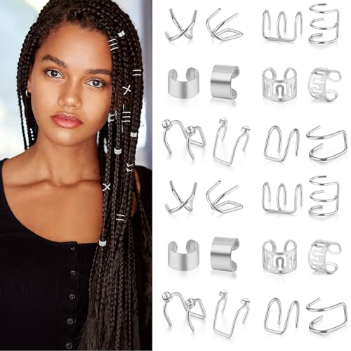 24 Stück Haar Schmuck,haarringe Dreadlocks Schmuck,Hair Accessories für Zöpfe Loc Schmuck Für Haar Dreadlocks-Zubehör Nicht Durchdringende Ohrclips Haaranhänger für Damen und Herren,Styling (Silver)