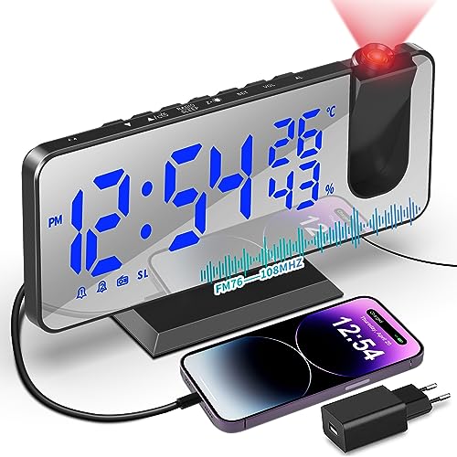 TAKRINK Projektionswecker Radiowecker mit 4 Stufen Bildschirmhelligkeit Digitalwecker mit Temperatur Wecker mit Projektion Dual-Alarm 12 / 24H USB-Anschluss