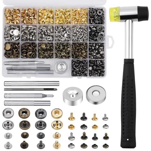 320 Stück Leder Nieten Set, Hohlnieten Set, Druckknopf Set mit Fixierwerkzeug Kit, Nylonhammer, Druckknöpfe Metall für DIY Lederhandwerk, Kleidung, Schuhe, Jacke