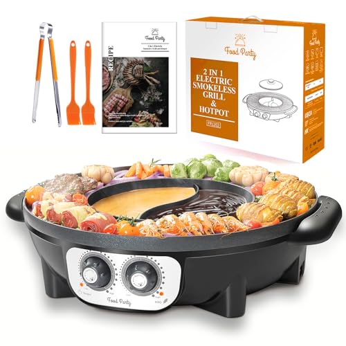 Food Party Hot Pot und Tischgrill Elektrisch Hotpot Topf Elektrogrill 220V 2200W 2 in 1 Electric Hot Pot Indoor Korean BBQ Grill Thai Barbecue Fondue Raclette XXL für 8 Personen