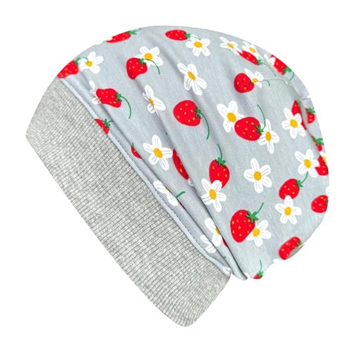 Wollhuhn ÖKO Leichte Mädchen/Jungen Beanie-Mütze Bündchen Elastisch Übergangszeit/Sommer Kinder-Mütze Baumwolle (Öko-Stoffe, Bio) 22222235 (Erdbeeren Grau/Rot, S)