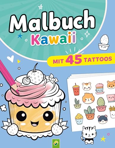 Malbuch Kawaii mit 45 Tattoos: Über 60 niedliche Motive ausmalen | mit 4 Tattoo-Bögen made in Germany mit bunten Kawaii-Bildern | hautfreundlich und sicher