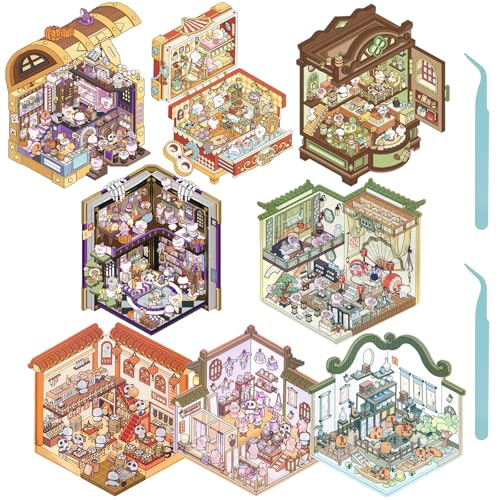 8Pcs DIY 3D House Stickers,3D Miniatur Haus Sticker,DIY-Aufkleber,Sticker Scenes Selbermachen von Supermarkt, Café, Restaurant für Erwachsene und Kinder (8pcs,A)