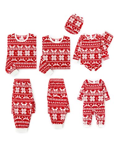 PATPAT Familien Weihnachtspyjamas Polarfleece - Partner Pyjama Set mit Rentier- und Schneeflocken-Print - Weihnachtsoutfit Familie mit Baby - Mutter-Tochter Partnerlook, Rot, Baby: 9-12 Monate