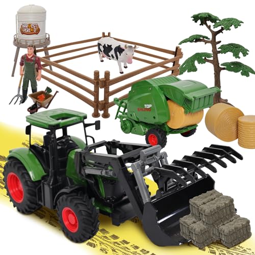 Bauernhof Traktor Spielzeug mit Ballen Heuernte Anhänger, Scheune, Bauer, Kuh, Bauernhof Werkzeuge, Baum für Kinder Kleinkind Jungen Mädchen Alter 3-7 Jahre