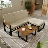 Jtyca Gartenmöbel Set, Lounge Möbel Outdoor, Eckgarnitur, Sofa + Couchtisch + Fußhocker, Verzinktes Stahlrohr, Tischplatte aus Akazienholz, Geeignet für Gärten, Schwimmbäder und Andere Außenbereiche