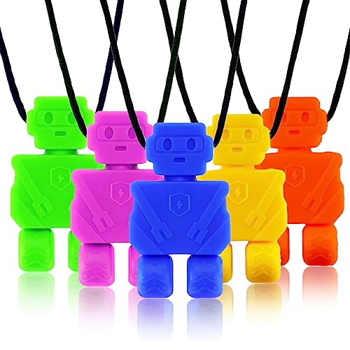 kaukette für kinder,Sensory Silikon Block Beißring,für Kinder mit ADHS, Zahnen, Autismus, Beißende Bedürfnisse,nägel kauen stop, kauschlauch logopädie, für Jungen und Mädchen(5 Stück) (Roboter)
