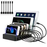 PRITEK USB Ladestation für Mehrere Geräte 6 Port USB Multi Ladestation Handy USB Ladegerät Dockingstation für Mobiltelefon Tablet MP4 und andere USB-fähige Geräte 6 Kurze Kabel Inkl. (Schwarz)