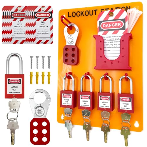 JOJOMARK Lockout Tagout Station Metall Kit mit Lock Out Tag Out Loto 2 Haspen, 20 Tags, 20 Nylon Kabel, 5 Schlösser mit Nummer 1-5 (Orange Board Kit), JMRGB111