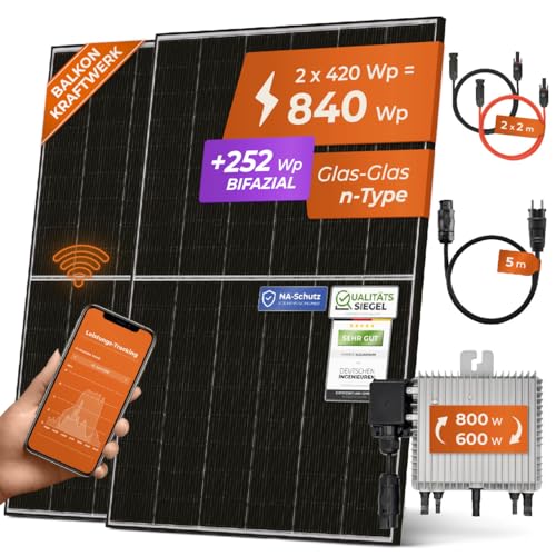 Solarway 840W Balkonkraftwerk 800W Komplett Steckdose - Ausgang einstellbar 600/800W - 2x420W Bifaziale Glas/Glas n-Type JaSolar-Module, Wechselrichter mit APP&WiFi, Plug&Play