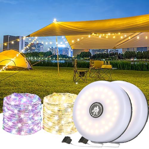 2er-Pack Camping Lichterkette Aufrollbar, Tragbare Wiederaufladbare LED Lichterkette mit 8 Beleuchtungsmodi,Lichterketten Außenbereich Für Outdoor Camping Hof Dekor Lichterkette