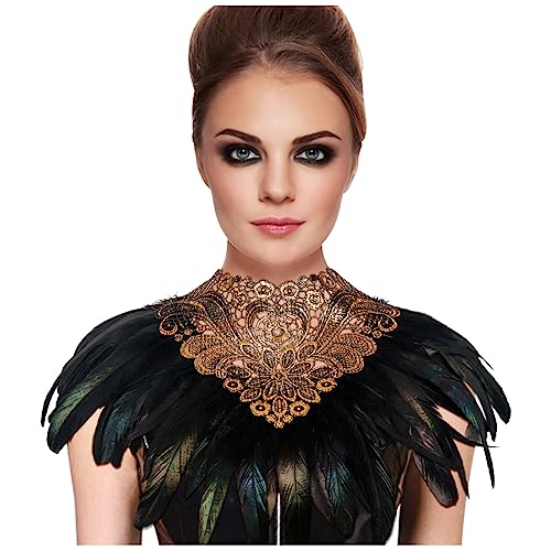 keland Damen Gotisch Feder Umhang Schal Schultertuch Stola Capelet Halloween Maleficent Kostüm (ZZ-Gold)