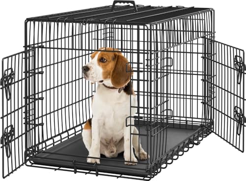 Yaheetech Hundekäfig 90 x 56 x 63 cm klappbar mit Trennwand, 2 Türen, Hundebox für zuhause mit ausziehbare Bodenschale, Transportkäfig Auto, Hundetransportbox Drahtkäfig für Hunde Welpe, L, Schwarz