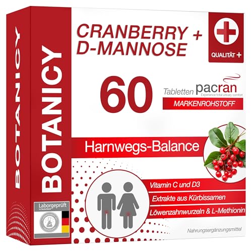 BOTANICY Cranberry + D-Mannose - Unterstützt Blase & Harnwege - PACRAN® Cranberry-Pulver, Vitamin C und D3, Kürbissamen & Löwenzahnwurzel Extrakt - 60 Cranberry Tabletten