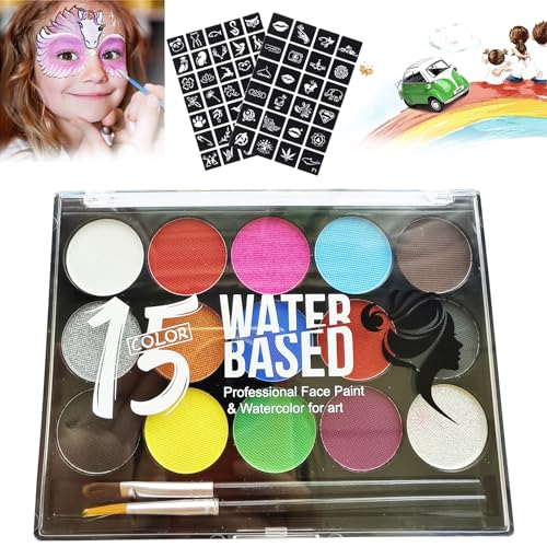 Gesichtsfarbe Kinderschminke Set, 15 Farben Schminkfarben Schminkpalette, Waschbar Face Paint Body Paint Schminke Set für Kinder Geburtstagsfeie,Kindertag,Halloween,Fasching mit 2 Pinsels, 59 Tattoos