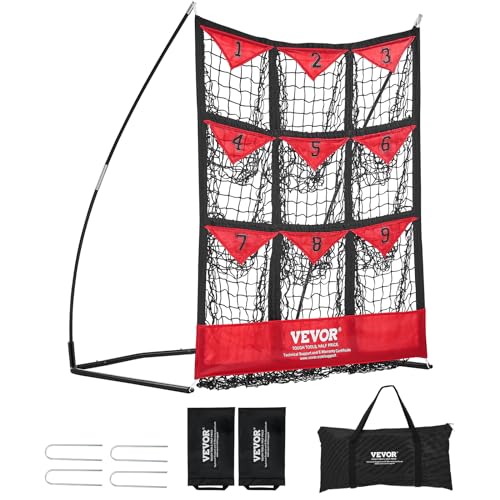 VEVOR Pitching Netz Pitching Target mit 9 Nummerierte Taschen, Baseball & Softball Pitching Target aus Polyester, Pitcher Netz für Jugendliche und Erwachsene, Tragbares Schnellmontage-Design Rot