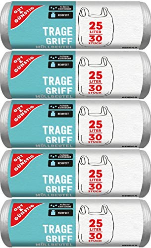 Gut & Günstig 150 Müllbeutel/Mülltüten mit Tragegriff, 25 Liter, 30 Stück pro Rolle, Reißfest & Flüssigkeitsdicht, Produkt & Verpackung recyclebar