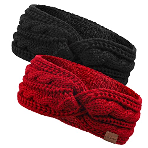 Stirnband Damen Winter - 2 Stück Mädchen Ohrenwärmer Gefüttert mit Fleece, Strick Haarband Elastische Haarbänder Verdicken Kopfband für Damen/Frauen/Mädchen (Schwarz+Rot)