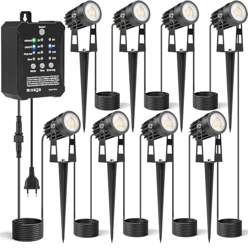 HIBOITEC 8PCS Gartenbeleuchtung mit Transformator, 20,7M Fotozelle Sensor Strahler Außen,Dimmbar 2700K Wasserdicht Gartenbeleuchtung mit Strom, Timer Gartenlampen für Draußen Haus Hof Pflanzen