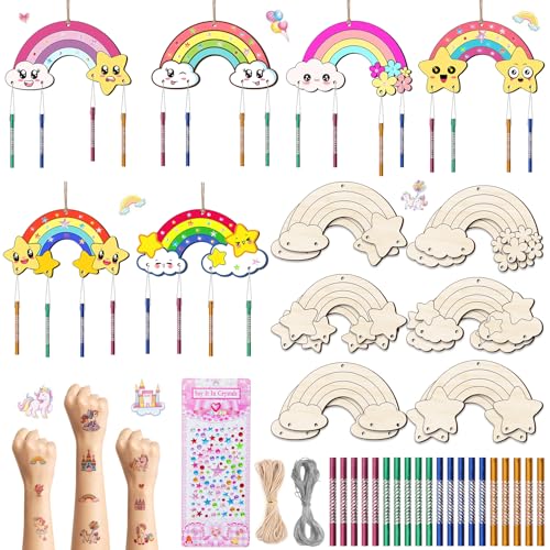 12tlg Regenbogen Windspiel Bastelset Kinder, Holz Klangspiel Basteln Bastelhandwerk Kreativsets Holzbastelsets für Kinder Bastelhandwerk Kreativsets für Regenbogen Deko Mädchen Junge Kindergeburtstag