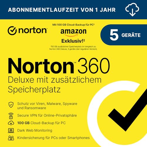 Norton 360 Deluxe mit extragroßer Backup-Kapazität – Amazon Exklusiv* 50GB zusätzlicher Cloud-Backup Speicher. Antivirus Software für 5 Geräte und einem Jahr Laufzeit