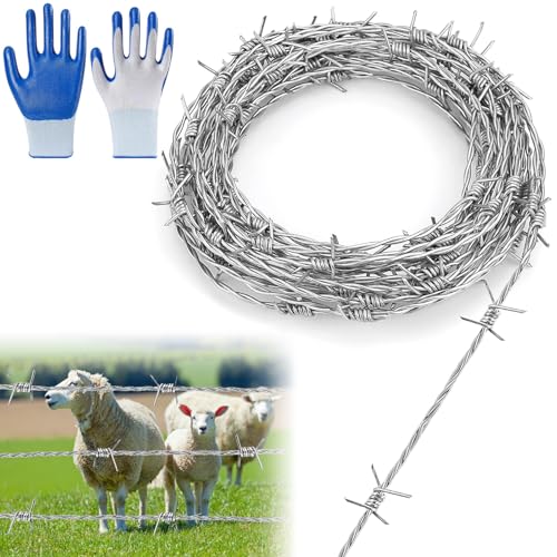 Stacheldraht Tierabwehr, Natodraht Stacheldrahtrolle 1,8mm x 10m, 4 Punkt Stacheldraht Verzinkt Zaun, mit Handschuhe, für Zaun, Drahtzaun, Weidezaun, Abwehr gegen Marder Baseballschläger