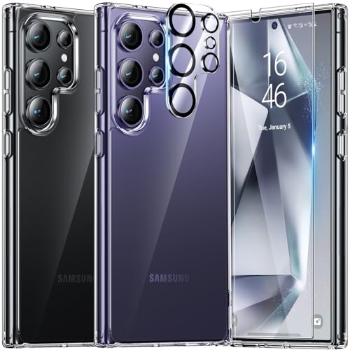 UniqueMe 5-in-1-Set für Samsung Galaxy S24 Ultra Hülle, [Nie Vergilbung] Handyhülle für Samsung S24 Ultra Case Rundumschutz Schutzhülle Cover [1 Handyhülle+2 Schutzfolie+2 Kameraschutz]-Transparent