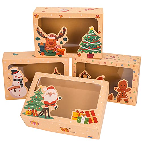 Qpout Weihnachtsplätzchenboxen, 12 Stück Kraftpapier Süßigkeiten Boxen mit Fenster (Weihnachtsmann Elch Schneemann Lebkuchenmann) für Weihnachtsdekoration Party Favors 9x6x3 Zoll