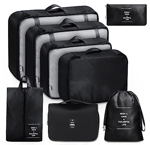 MURISE 8 Teilige Packing Cubes, Kleidertaschen, Koffer Organizer für Urlaub und Reisen, Packwürfel Set Reise Würfel, Ordnungssystem für Koffer - Schwarz