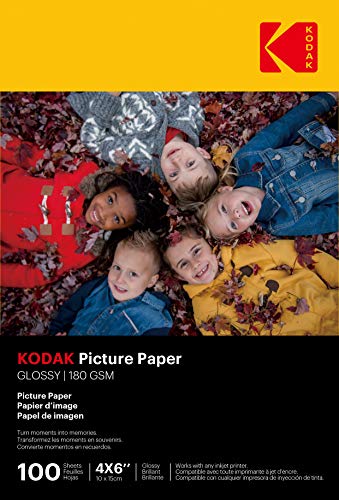 KODAK Picture Paper - Glänzendes Fotopapier, Pack mit 100 Blättern, Format A6 (10x15 cm), 180 g/m², Ideal für Tintenstrahldruck, Leuchtende Farben und Hoher Kontrast, Hochwertige Oberfläche