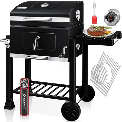 KESSER® Grill Grillwagen BBQ Smoker XL Holzkohlegrill mit Deckel, Rädern, Edelstahl-Griff, Grillrost und Thermometer, 8 Spieße mit Tasche & Silikon-Pinsel, Standgrill, Kohlegrillwagen