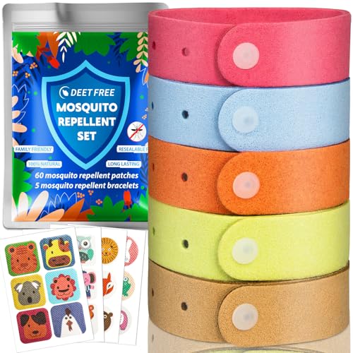 Mückenschutz Armband Set - 5 Stück Mückenarmband + 60 Stück Anti Mücken Pflaster, Mückenpflaster für Kinder Erwachsene Camping Zubehör Reise Gadgets Urlaub Must Haves Summer Outdoor Wandern Sport