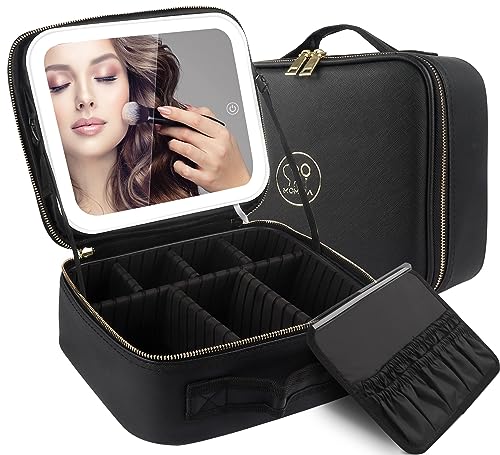 MOMIRA Reise-Make-up-Tasche Kosmetiktasche mit beleuchtetem Spiegel, Einstellbarer Helligkeit in 3 Farbszenarien, wasserdichte Makeup-Trainingsbox, Geschenk für Frauen(Schwarz)