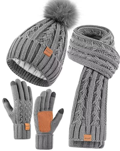 Winuesa Mütze, Schal & Handschuh-Sets für Damen, Beanie Mütze Damen Winter mit Bommel Fleece Gefütterte, Touchscreen Handschuhe Schal Wärmer Mütze Damen 3 in 1 Set(Grau)