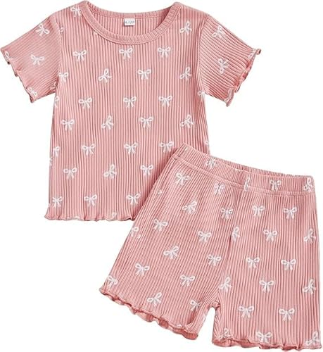 Fnaobai Kleinkind Baby Mädchen Sommer Kleidung Rüsche Gerippt Strick Kurze Ärmel Niedliche Schleife T-Shirt Tops und Shorts Outfit