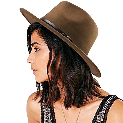 DRESHOW Damen Fedora Hut Filzhut Lederband Hüte Winter Mode Fedora Hut Mit Breiter Krempe Filzhut Outdoorhut