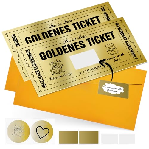 NEWJEK 2 Stück Goldenes Ticket Gutschein Rubbel, Goldenes Ticket mit Umschlag, Wunschgutschein zum Selber Ausfülle Gutscheinkarte Geschenk Idee für Freundin Mama Kind