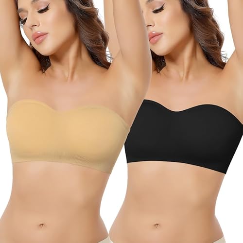 Jiuday Bandeau BH ohne Träger mit Transparente Träger Damen Trägerloser BH mit Rutschfester Silikon (Schwarz+Beige,XL)