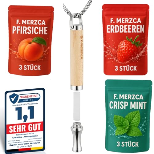 F.MERZCA® 2.0 Atemholz Rauchentwöhnung Kette mit Geschmack – 9 nikotinfreie Filter in den Sorten Orange, Mango, Lemonade (Erdbeere, Pfirsich & Minze)
