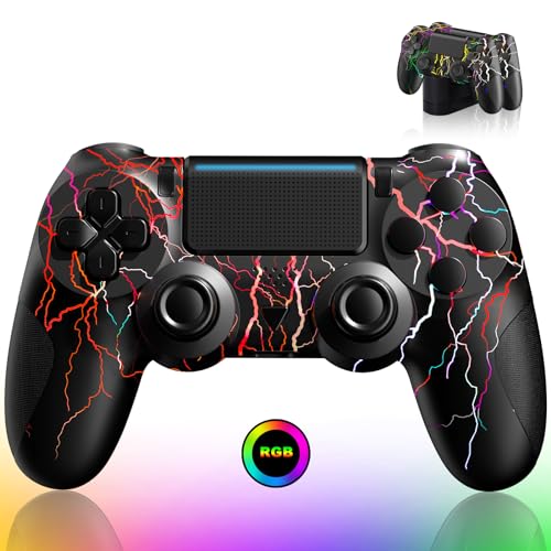 JIBHZIE Wireless Controller für PS4, Game Controller mit 1000mAh Akku mit Dual Shock/6 Axis Gyro Sensor/RGB Licht, Gamepad kompatibel mit PlayStation 4/Pro/Slim/PC