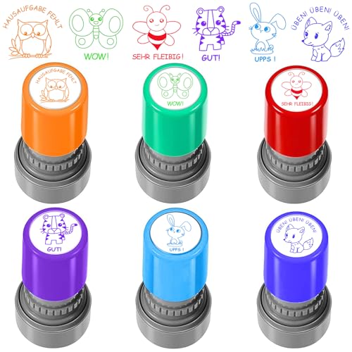 6 Stück Selbstfärbende Lehrer Stempel, Lehrer Bewertung Belohnung Motivation Briefmarken, Niedliches Cartoon Kinder Stempel, Lob Siegel Ermutigung, Schüler Hausaufgaben Stamper