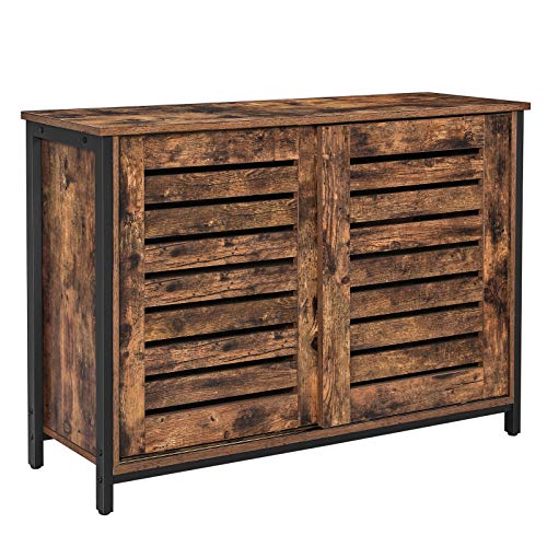 VASAGLE Sideboard, Küchenschrank mit Schiebetüren und Lamellentüren, Stahlgestell, 100 x 35 x 70 cm, Industrie-Design, vintagebraun-schwarz LSC081B01