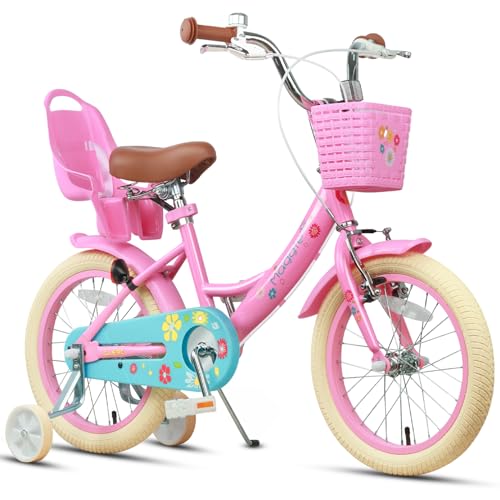 Glerc Maggie 16 Zoll Kinderfahrrad Alter 4 5 6 7 Jahre alt Mädchen Fahrrad Prinzessin Stil mit Puppen-Sitz & Korb & Stützräder & Glocke für Geburtstag, Rosa