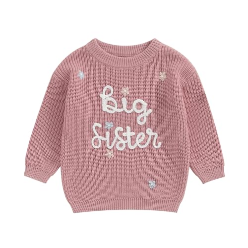 Yassiglia Big Sister Little Sister Outfits Baby Mädchen Stickerei Pullover Kinder Gestricktes Sweatshirt Fall Winter Warm Strickpullover Schwester Matching Kleidung (Rosa Big, 12-18 Months)