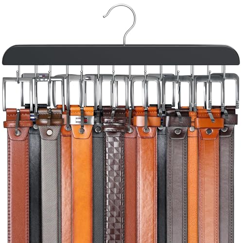 Resovo Gürtelaufhänger für Schrank, max. 42 Gürtel, Gürtel-Organizer, Schrankzubehör mit 14 Haken, Gürtelablage, stabiles Holz, für Schrank-Organizer und Aufbewahrung, Schwarz, 1 Stück