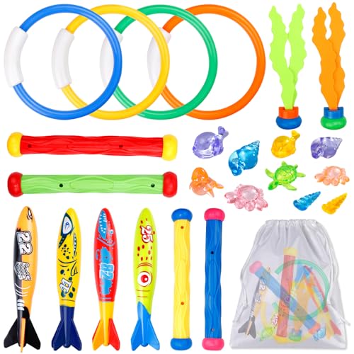 25 Stück Pool Tauchspielzeug-Set, Tauchen Spielzeug Unterwasser,mit Tauchringen, Tauchstäben, Algenspielzeug, Piratenschätze, Toypedo Banditen, Aufbewahrungstasche, Kinder Trainingstauchspielzeug